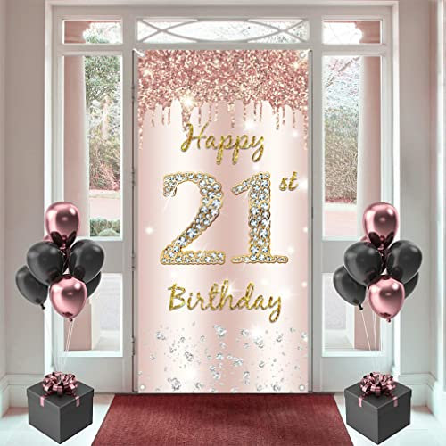 21st Birthday Decorations for Girl, 21 Years Old Fabric Sign Poster Door Decor Banner, Happy 21st Birthday Party Supplies Photo Background Welcome Sign, Rosegold 180cm x 90cm