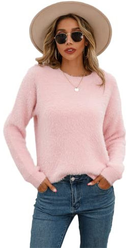 HEYPORK Damen Herbst Winter Warm Bequem Pullover Casual Mode Strickjacke Strickpullover Frauen Herbst/Winter Plüsch Pullover Einfarbig Langarm Rundhals Strickpullover(Rosa, XL)
