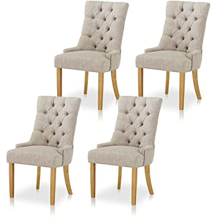 KHG 4er Set Esszimmerstühle Relax-Sessel grau, kleine Armlehnen - Rückenlehne mit Zierknöpfen, Massivholz Stuhlbeine - Küchenstuhl, Design Stuhl mit Bezug aus meliertem Webstoff