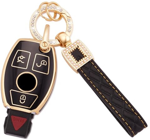 Koaudb Coque pour porte-clés Mercedes, 3 boutons en TPU souple avec lanière porte-clés en cuir pour Mercedes Benz A B C E G R S M Classe AMG Smart Key Fob Case Noir Or (BP-Bz-3R)