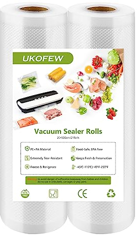 2 Rollos Bolsas de Vacio para Alimentos, Bolsas de Envasado Al Vacío, Rollos Envasadora Al Vacio, Sin BPA, Para Dispositivos de Envasado Al Vacío de Alimentos (20 cm x 500 cm)
