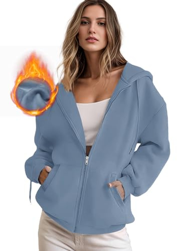 IWOLLENCE Sweatjacke Damen Zipper Hoodie Fleecejacke Blau L