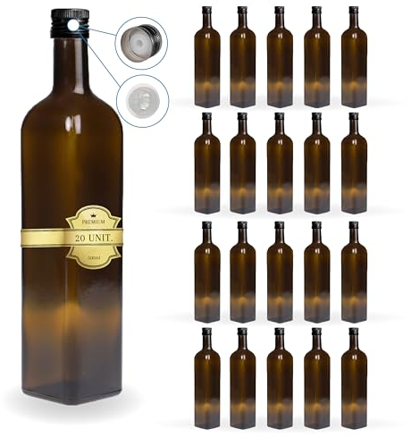Espirito Rebelde 20 x Flaschen aus dunklem Glas, 500 ml, mit Schraubverschluss, schwarz, mit Ausgießer, Olivenöl, Essig, Alkohol – Ölbehälter aus Glas
