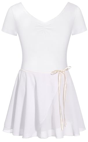 FONLAM Ballettkleid Ballettkleidung Turnanzug Mädchen Kurzarm Tanzkleid Balletttrikot Ballettrock Ballettanzug Kinder (6-7 Jahre, Weiß)