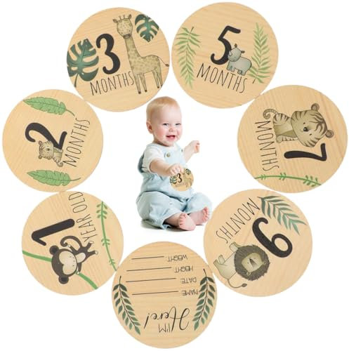 OIGWBPH 7 piezas Tarjetas de Hitos Bebe,Redondas de Cartel de Bienvenida de Madera para Recién Nacido,Regalos Bebes,Album Embarazo (Madera con animales coloridos)
