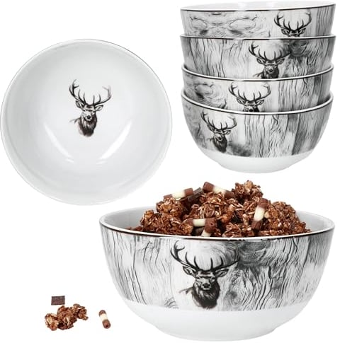 MamboCat Alois 6er Set Müsli-Schale 14,2cm I 480ml I Porzellan-Schüssel mit Hirsch-Dekor für 6 Personen I Schälchen für Salat, Suppe, Chips & Co.