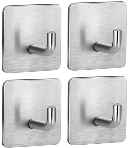 4Pcs Heavy Duty Self Adhesive Stainless Steel Hooks - Stick on Hooks, Waterproof Hanging Holder, Stick on Wall, Door, Closet, Bathroom, Bedrooms, Kitchen for Towel, Coat, Clothes