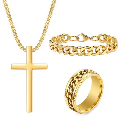 Kreuzkette Herren Edelstahl Herrenarmbänder Edelstahl Herren Ringe Set Silber Gold Schwarz Schmuck Herren Damen Kreuz Anhänger Kette Kettenarmband Ketten Ringe Schmuck für Männer (Gold Satz B)