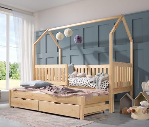 KEF-MEBLE Bett Domi Haus Ebenerdig Doppelbett mit Zwei Schubladen Kinder – Kinderbett – Massives Kiefernholz – Lackiert – Höhe 173 cm - 90x180 Mit Rausfallschutz Mit Matratze
