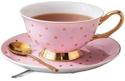 FromNo19 Gift Box - Qty.2 Pink and Gold Polka Dot Teacup and Saucer Gift Set with Napkin and Spoon.