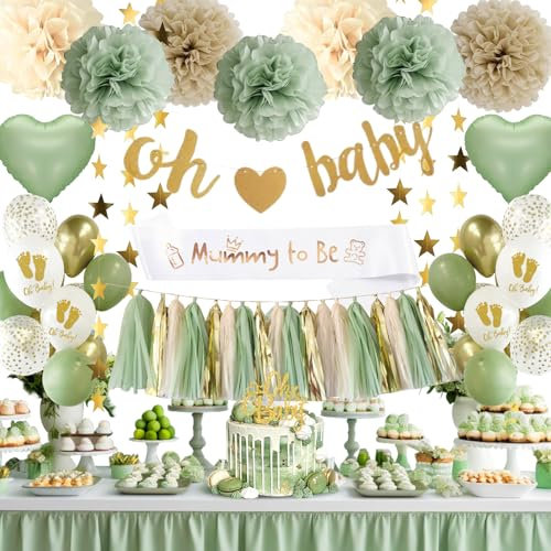 Babyparty Deko Junge, Babyparty Mädchen, Grüne Gold Baby Shower Deko, Baby Party Dekoration Neutral, Gender Reveal Party, Oh Baby Deko, Babyparty Luftballons Girlande für Baby Boy or Girl Deko