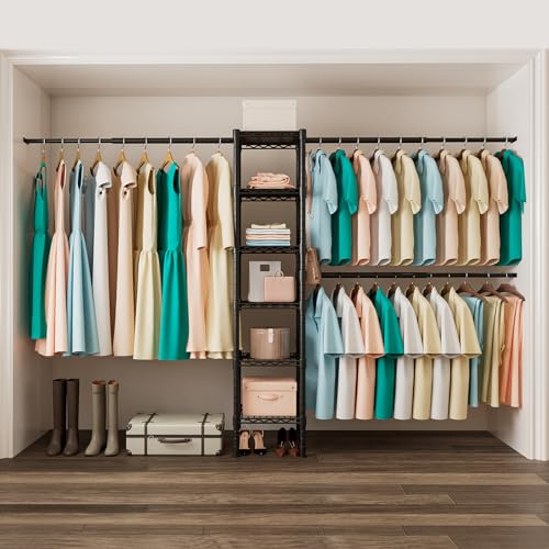 KZOBYD Wall Mounted Telescopic Garment Rack, Coat Hanging Rails Rack(Black) | Length 69.5-108 inch, Metal, 3 Extendable Rods, 6 Adjustable Shelf, Clothing Rail, for Wardrobe Closet, Heavy Duty Coat Racks