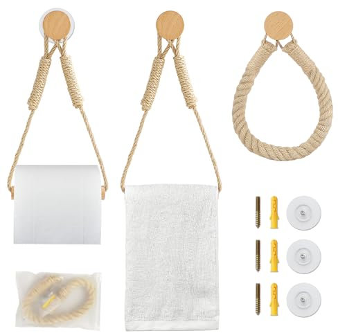 MOAMUN 3 PCS Rope Toilet Roll Holder Self Adhesive, No Drilling Wooden Toilet Paper Holder Toilet Roll Storage with Hemp Rope, Boho Paper Towel Holder Toilet Tissue Holder for Kitchen Bathroom