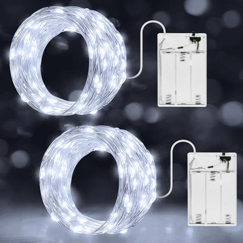 Ollny 2 Packs 5m 50 LED Fairy Lights Battery Operated, Waterproof Copper Wire Christmas Lights for Indoor Outdoor Lighting, Christmas Tree Bedroom Outside Party Bottle Wedding Decorations(Cool White)