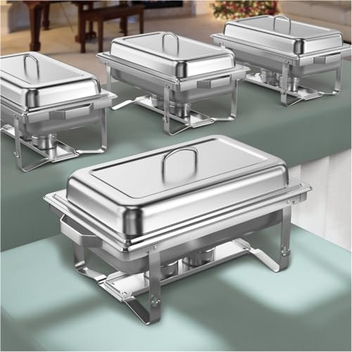 Chafing Dishes for Buffet 4 Pack, 9QT Chafing Dish High Grade Stainless Steel Chafer Complete Set, Steel Handle Catering Events Complete Buffet Warmer Set (Silver, 4)