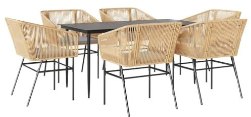 vidaXL 7-TLG. Garten-Essgruppe mit Kissen Braun Poly Rattan Glas, Outdoor Essgruppe, Essgarnitur Terrasse, Garten Essgarnitur, Terrasse Essgruppe