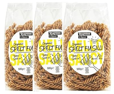 Realfoods by Organico | Organic Spelt Fusilli Pasta – Italian Ancient Grain Triticum Dicoccum, Non-GMO, Vegan, High in Fibre – 500g (Pack of 3)