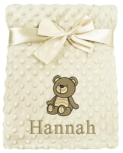 JJLC Personalised Baby Bobble Blanket Embroidered Bear & Name Soft Fleece Wrap (Beige Bobble)