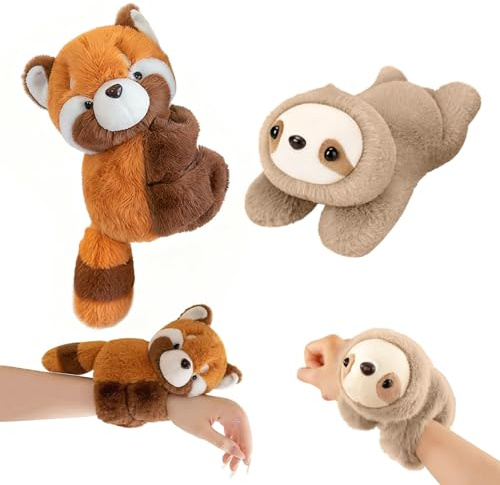 Ferizzia 2 Stück Plüsch Faultier Roter Panda Schnapparmband, Roter Panda Kuscheltier, Kuscheltier Faultier, Schnapparmband,Vielseitiges Handgelenkaccessoire, für Feiertage, Partys Oder Geschenke