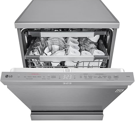 LG DF587HVS Lavastoviglie Libera Installazione Classe A -10%, 14 Coperti, Lavaggio a Vapore TrueSteam, LED Esterno, Sistema QuadWash, 4 Bracci Irroratori, Serie 5, Auto-Apertura, 43dB, Wi-Fi, Grigia