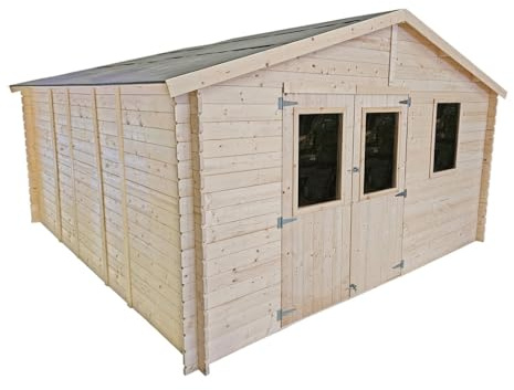 Casetta in legno da giardino Beatrice 4x5 m con porta doppia finestrata e finestra laterale – Struttura Block House 25 mm in abete naturale – Stanza da giardino, studio o dependance