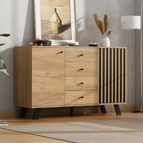 FammyLoft Sideboard Wohnzimmer mit 4 Schubladen und 2 Schränken, 120×38×75cm, Buffetschrank mit 5 Massivholzbeinen, Modern Wohnzimmerschrank für Schlafzimmer & Flur, Holzfarbe + Schwarz