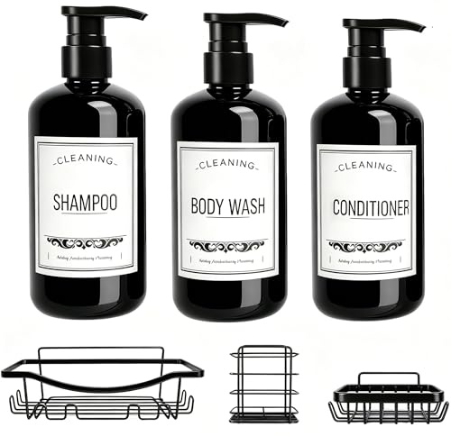 3-Pack Shampoo Dispenser & Shower Caddy Set – 16.9 oz Pump Bottles & Stainless Steel No-Drill Shelves, Rustproof Bathroom Organizer, Modern Matte Black