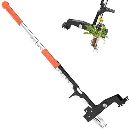 SGZIOO Desherbeur Manuel, 100cm Arrache Pissenlit, Arrache Mauvaise Herbe avec 4 Griffes en INOX et Pédale, Outil de Jardin Facile à Enlever Les Racines avec Poignée en