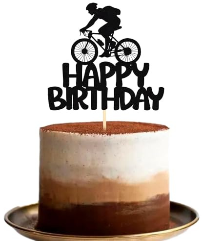 Happy Birthday Cake Topper - Bicycle Theme Durable Plastic Cake Decoration for Cycling Party, Bike Lover Birthday Decorations (Black)