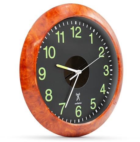 Fishtec - Orologio da parete solare Look Legno - Radio-pilotato Ricarica in interni - Grandi numeri fosforescenti - Tempo automatico in tempo estivo/inverno - Batteria AA ricaricabile inclusa Ø30