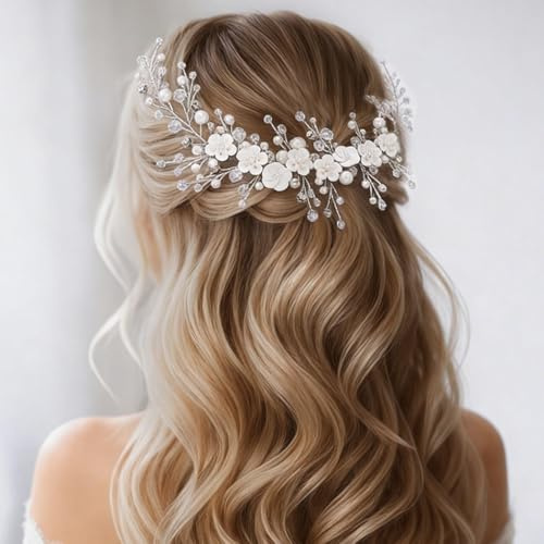 Atigy Blumen-Braut-Haarranke, silberfarbene Perlen, Hochzeitshaarteil, Strass, Braut-Haarschmuck für Frauen (Silber)