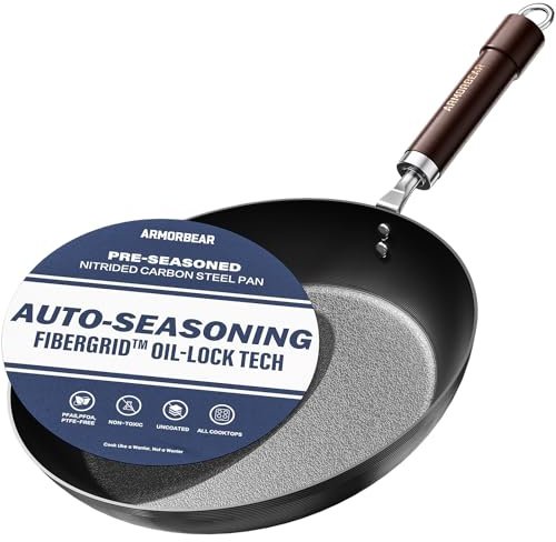 Armorbear 30cm Auto-Seasoning Nitrided Carbon Steel Pan | Pre-Seasoned, PFAS/PFOA-Free, Uncoated, Wood Handle, Induction-Ready Skillet for Steaks & Family Meals