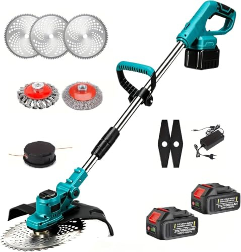 Bürstenlose Rasentrimmer 21V，Rasentrimmer für mit Unkrautbürste, mit 4 Klingentypen, Freischneider Elektrisch für Rasen Garten Beschneiden