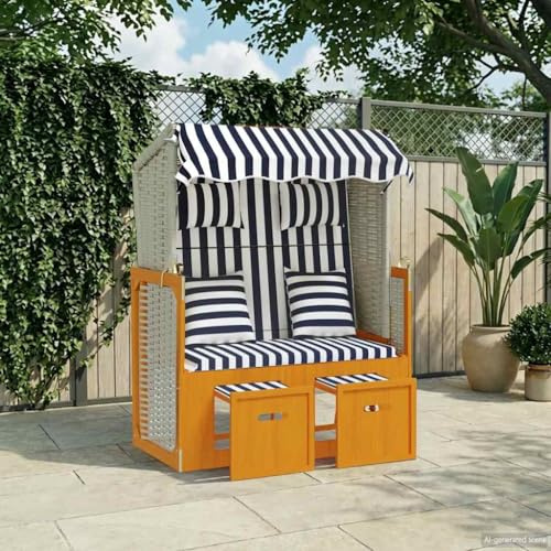 ChicAbode Strandkorb mit Kissen Poly Rattan & Massivholz Weiß & Blau 0610A256