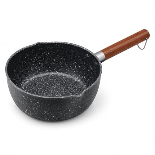 14cm Non-Stick Milk Pan, Mall Saucepan Cast Iron with Wooden Handle | Non Stick Pan For Sauces & Eggs, Small Pot Cast Iron For Induction Hob, Saucepan For 1-2 Servings,Healthy & Easy Clean