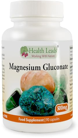 Magnesium Gluconate 500mg | 90 Capsules | Health Leads | 500mg provides 26.5mg elemental magnesium (79.5mg/day at 3 caps, 21% NRV). Supports energy, muscles, bones. Vegan.