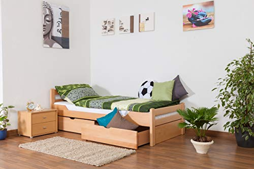 Einzelbett/Gästebett Easy Premium Line K1/2n inkl. 2 Schubladen und 2 Abdeckblenden, 90 x 200 cm Buche Vollholz massiv Natur