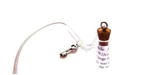 English Gems Alice in Wonderland Miniature Bottle Necklace with Book Piece Choice of Metals/Quotes/Good Wishes on Card Insert in Gift Box