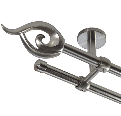 BASIT Gardinenstange Edelstahllook 16mm 2-läufig Decke 120cm lang D21 | Gardinenstangenset doppelläufig Deckenmontage Metall Vorhangstange Deckenhalterung 120-600cm wählbar Kappe Flamme E24