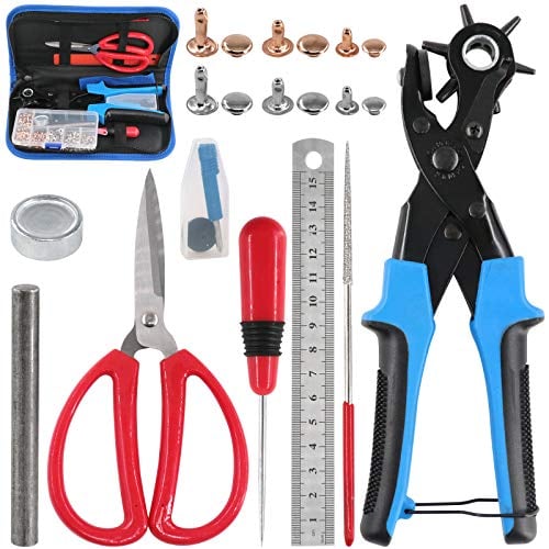 Glarks Pince de frappe réglable en cuir avec un seul capuchon Rivets en cuir Ensemble ciseaux et règle et outil pour ceinture, bracelets de montre, selle, chaussures
