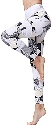 FLYILY Frauen Yoga Pants Gedruckt hohe Taillen-Power Flex Capris Workout Gamaschen für Fitness Laufen(Geometry,S)