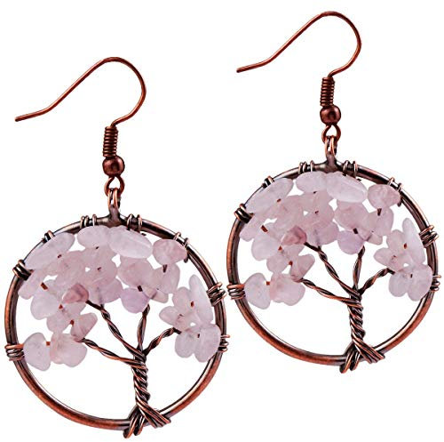 KYEYGWO Arbre de Vie Boucles d'Oreilles Pendantes pour Femme, Chakra Pendants d'Oreilles en Pierre de Cristal Naturel 3.6-4, Quartz Rose