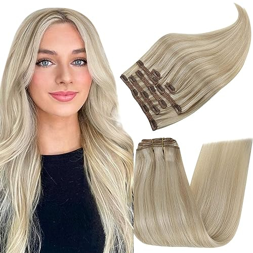 RUNATURE Clip in Extensions Echthaar Blond Hervorheben 45cm Extensions Echthaar Clip Aschblond Hervorheben Platinblond Echthaar Clip in Extensions Gerade Menschliches Haar 7Pcs 120g #18P60
