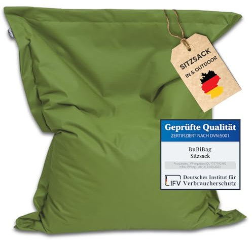 BuBiBag Riesen Sitzsack XXL mit Füllung, Outdoor Sitzsäcke für Kinder und Erwachsene, Beanbag mit waschbarem Bezug & wetterfest (Khaki 190x145cm)