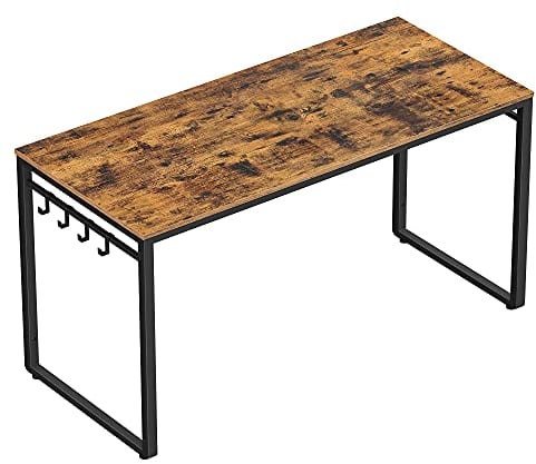 VASAGLE Computer Desk, Writing Desk, Home Office Desk with 8 Hooks, 140 x 60 x 75 cm, for Study and Bedroom, Easy Assembly, Steel, Industrial Design, Rustic Brown and Black LWD59X
