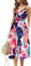 OUGES Sommerkleid Damen Knielang Kleider Sommer Spaghettiträger V-Ausschnitt Kleid mit Taschen(FloralJ-452, M)