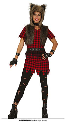 FIESTAS GUIRCA Werwolf Frauen Kostüm Größe M 38 – 40 inkl. Mütze und Weste in Pelz-Optik, schwarz rotes Karokleid, Halskette, Armbänder, Gürtel und Hose