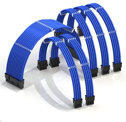LINKUP - AVA 30cm PSU Kabelverlängerung Ummantelt GPU Nach Maß PC Stromversorgung mit Kamm-Kit - Kompatibel mit RTX3090 | 1x 24 P (20+4) | 2X 8 P (4+4) CPU | 3X 8 P (6+2) GPU Set | 300mm - Blau