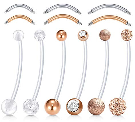 Rajnard 14G Schwangerschafts-Bauchstange Bauchnabel-Stangen 38 mm Roségold Flexibler Bioplast-Mutterschafts Nabelringhalter mit 6 mm 8 mm 10 mm Edelstahl Ersatzstangen