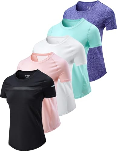5er-Pack: Damen Dry Fit Kurzarm T-Shirts Athletic Workout Tee Tops für Gym Yoga Laufen, Pink/Weiß/Schwarz/Lila/Türkis, Klein